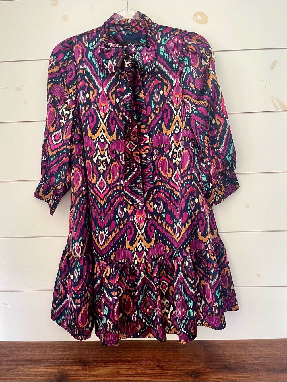Vibrant Ikat Print Tie-Neck Dress - Purple & Teal Accents